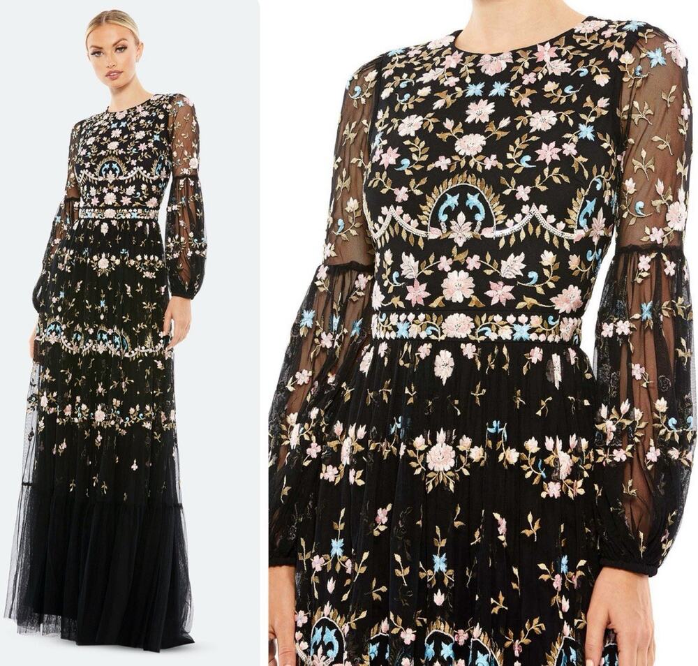 Mac Duggal 35111 Embroidered Floral Gown Size 4 Black Long Bishop Sleeve NWT